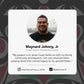 Profile card of Maynard Johnny, Jr. with a quote and social media handles on a dark background with indigenous patterns.
