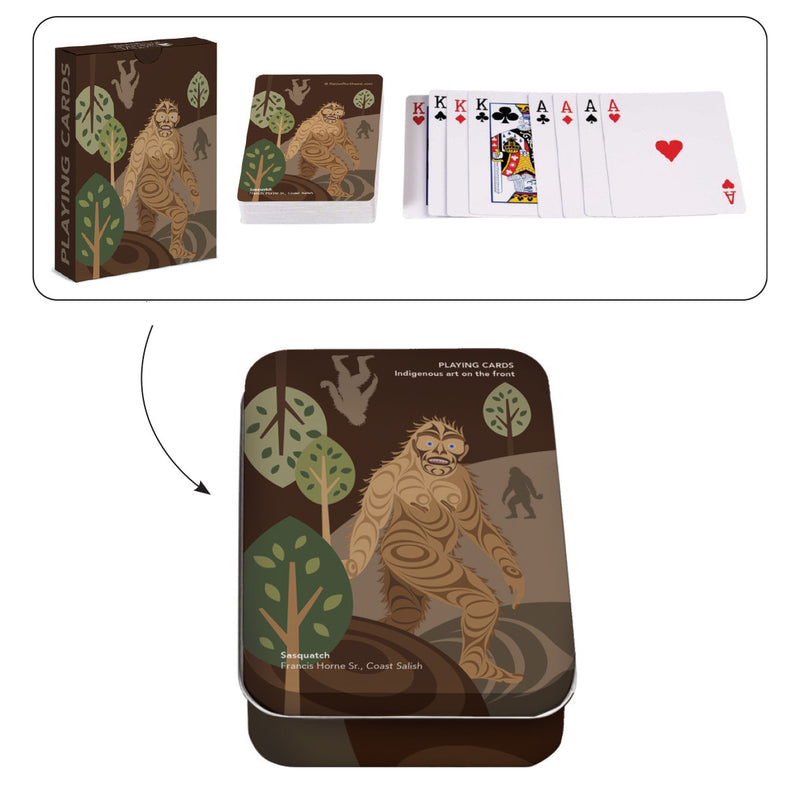 Deck of Sasquatch playing cards by Francis Horne Sr. shown with its keepsake tin and a fanned hand of cards