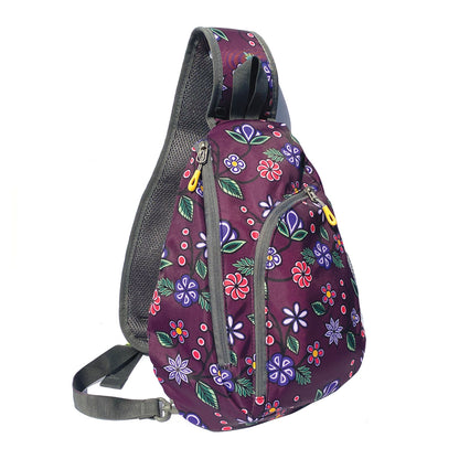 Purple floral sling pack with Ojibwe Florals design by Storm Angeconeb, three-quarter front view