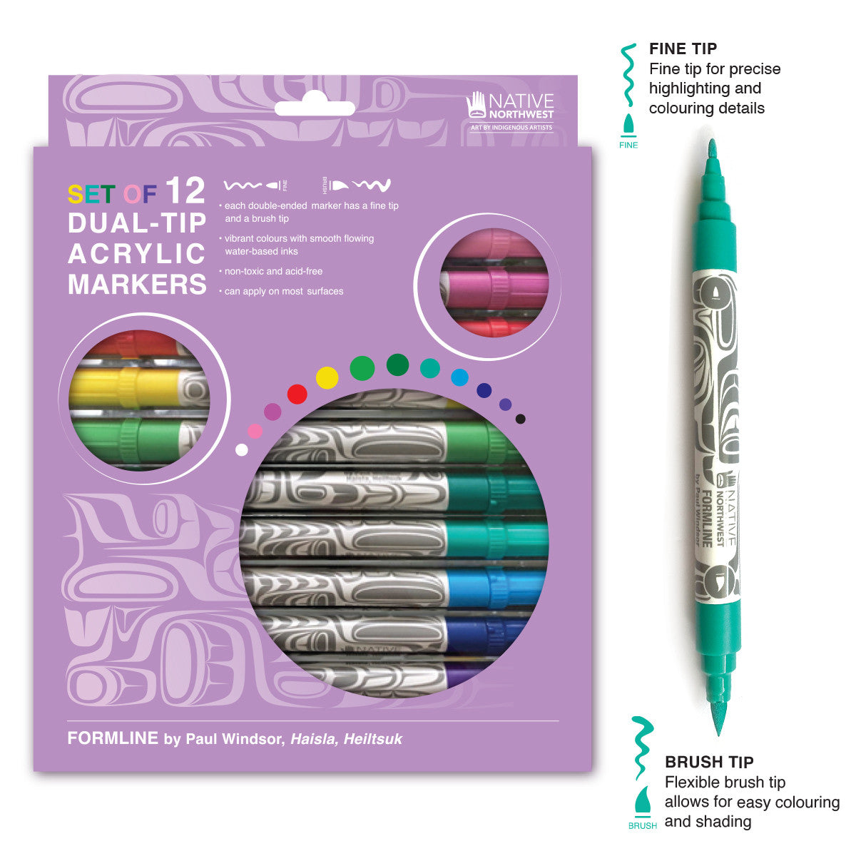 Set of 12 dual-tip acrylic felt markers in a purple Formline box designed by Paul Windsor, showing fine tip and brush tip ends