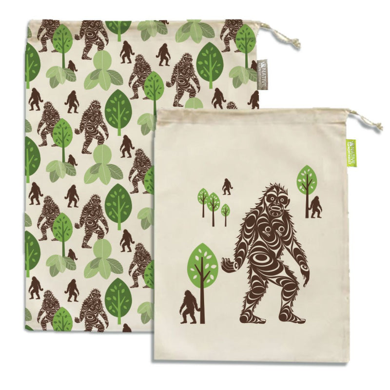 Set of two organic cotton mesh produce bags with a Sasquatch design by Francis Horne Sr.