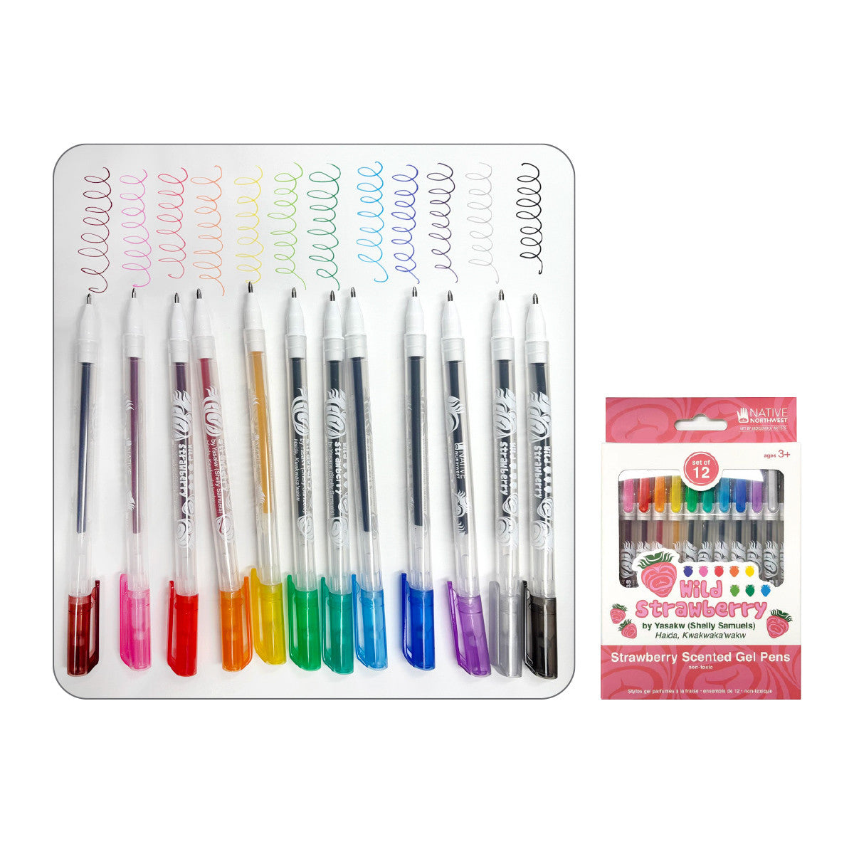 Set of 12 strawberry scented gel pens with Wild Strawberry design by Yasakw Shelly Samuels in a windowed box