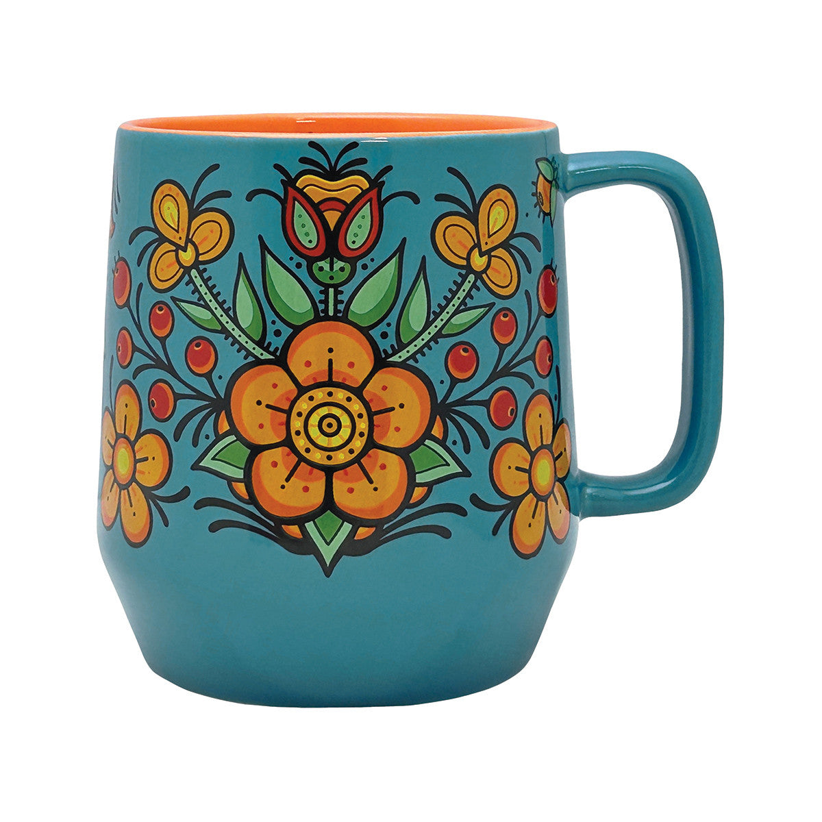 20oz ceramic mug with Prairie Beadwork design by Justine Proulx, design facing forward