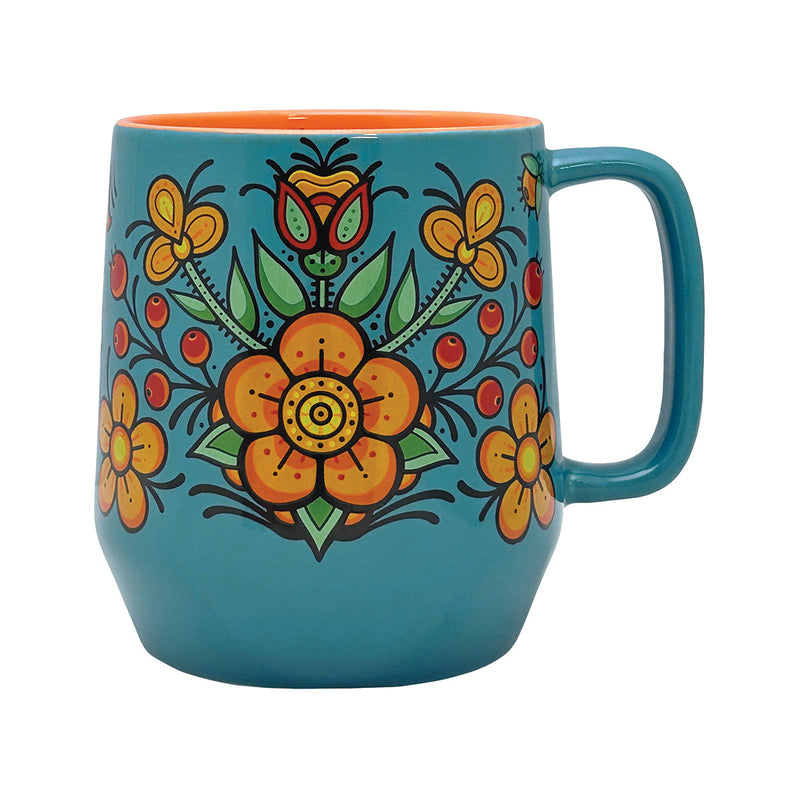 20oz ceramic mug with Prairie Beadwork design by Justine Proulx, design facing forward