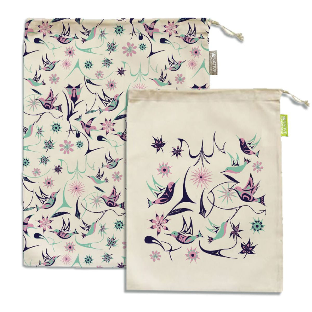 Set of two organic cotton mesh produce bags with a Hummingbirds design by Nicole La Rock