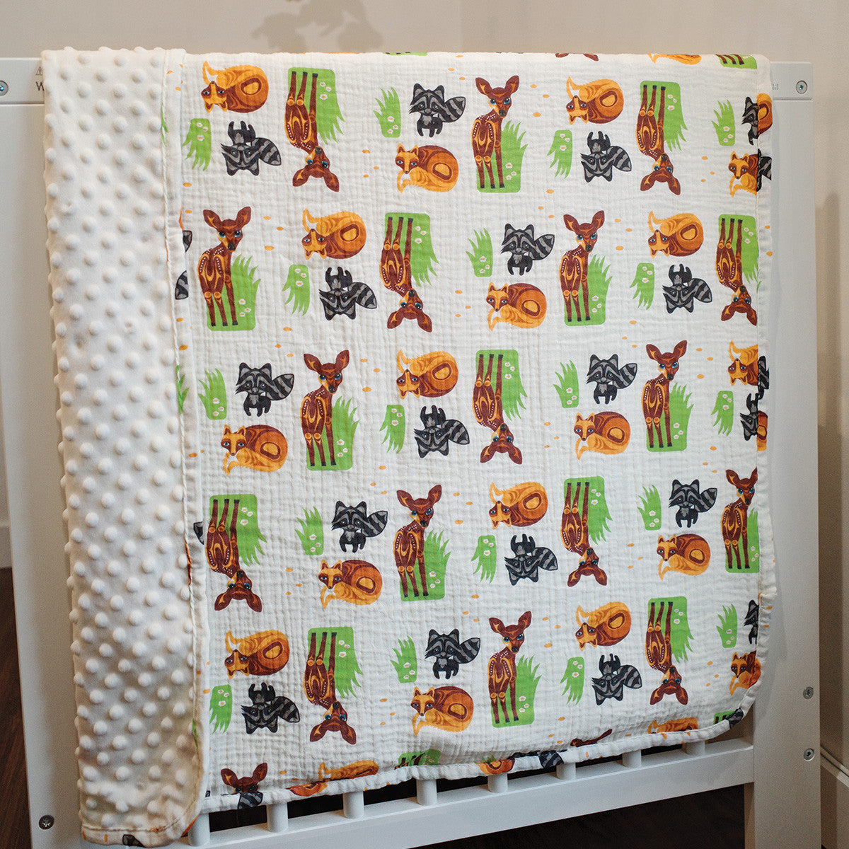 Forest Friends baby blanket by Simone Diamond, muslin cotton front