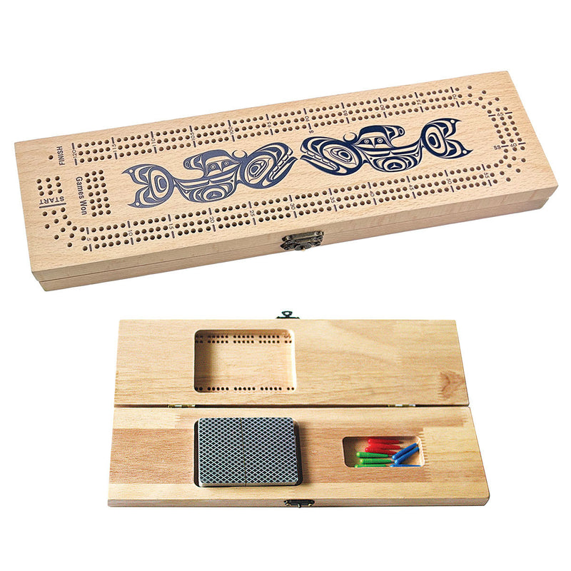 3-track wood cribbage board with Killer Whale design by Yasakw Shelly Samuels