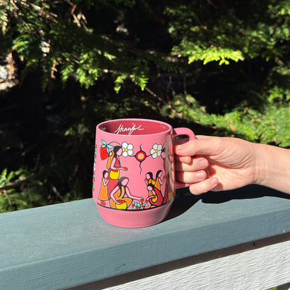 Heart Berry Gatherers mug, side view showing the handle