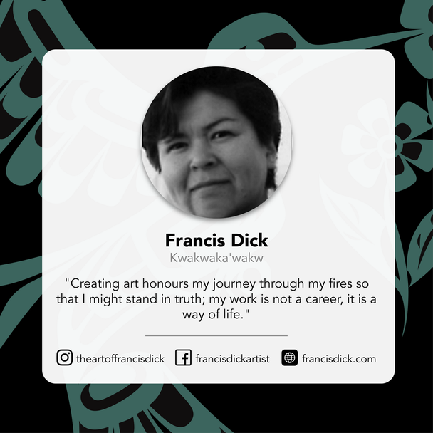 Contact card for Francis Dick with qupte about art with Indigenous design background