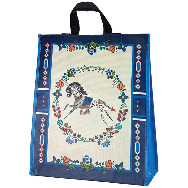 Large reusable shopping bag with Horse Gidagiza Mishtadim design by Emilie McKinney, front view