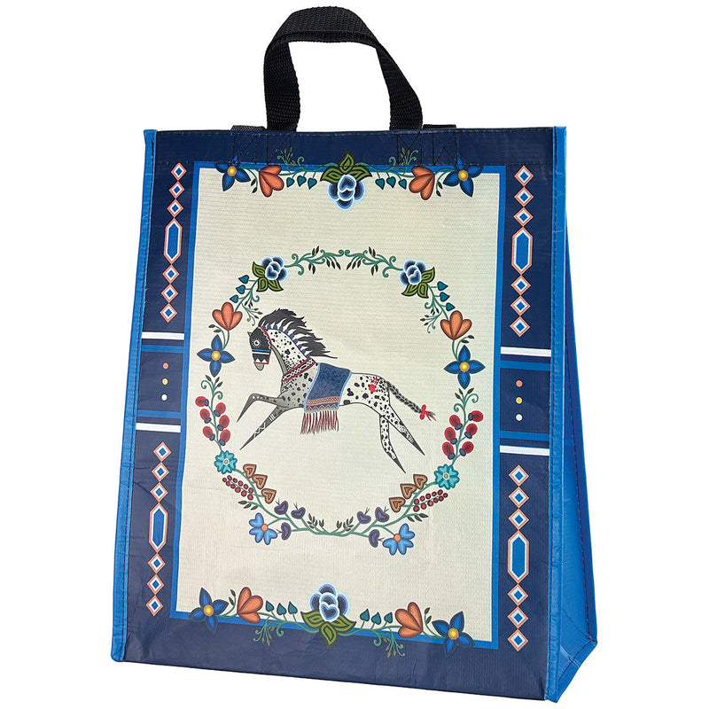 Large reusable shopping bag with Horse Gidagiza Mishtadim design by Emilie McKinney, front view