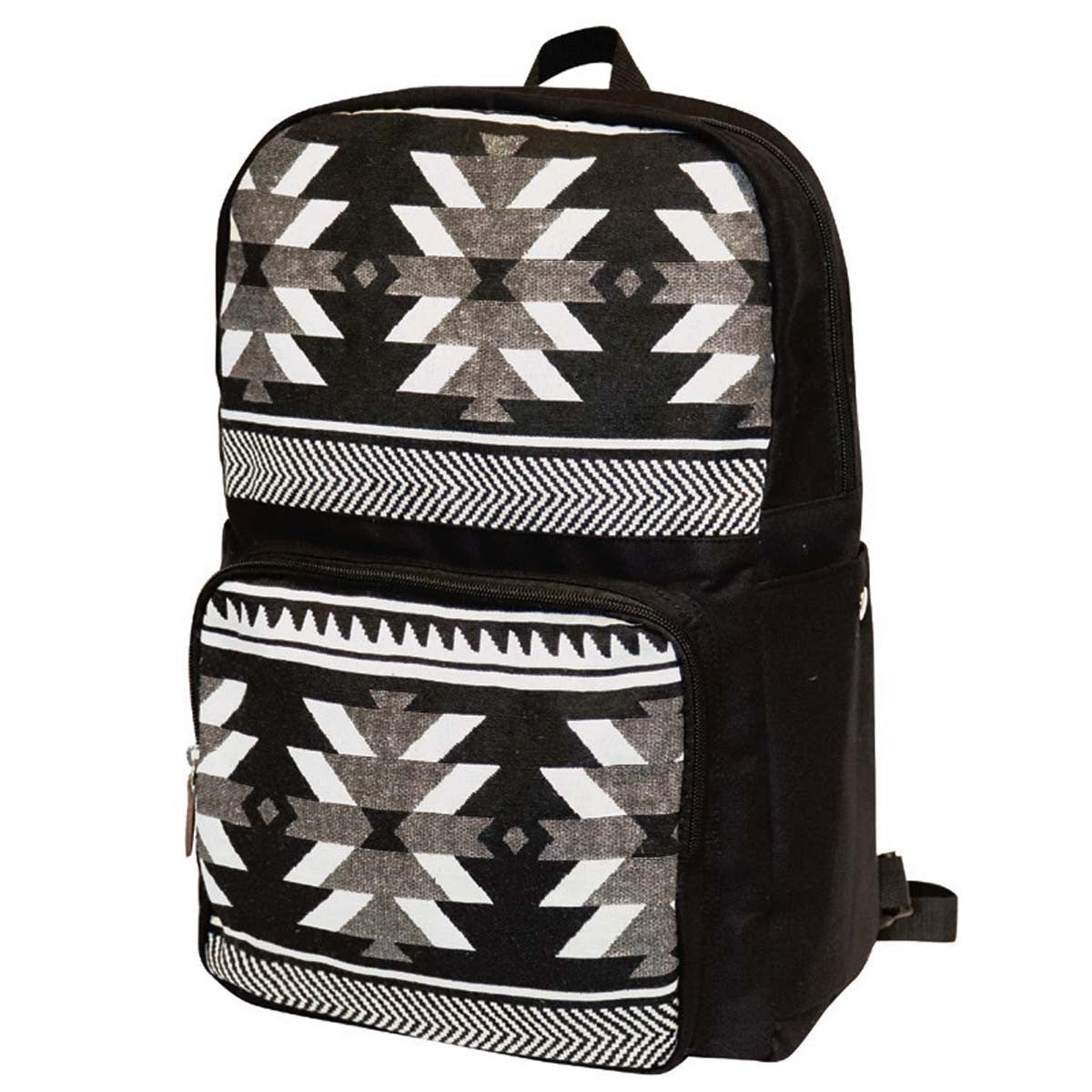 Black and white woven backpack with Visions of Our Ancestors design by Leila Stogan, three-quarter front view