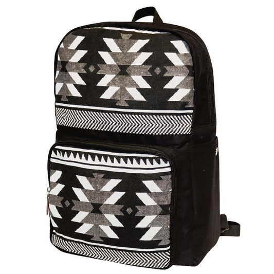 Black and white woven backpack with Visions of Our Ancestors design by Leila Stogan, three-quarter front view