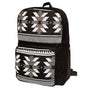 Black and white woven backpack with Visions of Our Ancestors design by Leila Stogan, three-quarter front view
