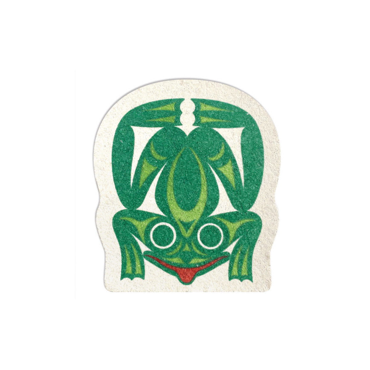 Frog-shaped eco sponge with a green front-facing frog and red mouth designed by Maynard Johnny Jr. on a natural sponge