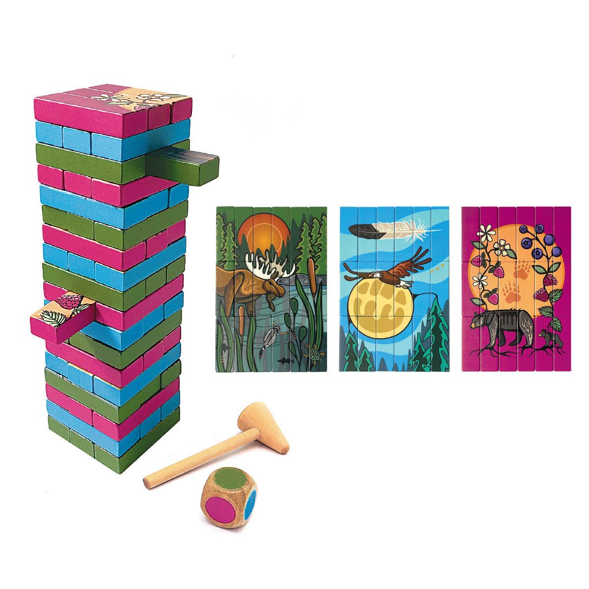 Boxed 54-piece birch wood block game set with All My Relatives Indinawemaaganidag design by Storm Angeconeb