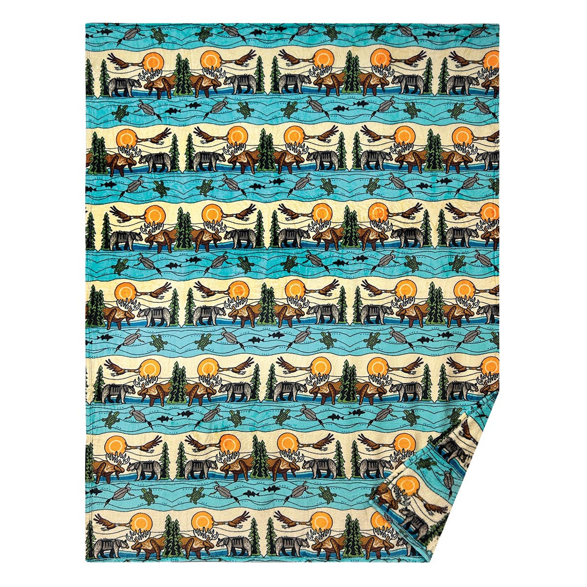 All My Relatives fleece blanket by Storm Angeconeb, Lac Seul First Nation Ojibwe, with animals and the Ojibwe word Indinawemaaganidag