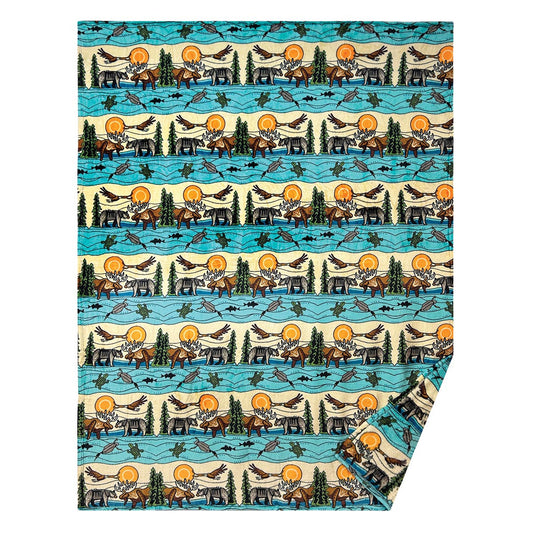 All My Relatives fleece blanket by Storm Angeconeb, Lac Seul First Nation Ojibwe, with animals and the Ojibwe word Indinawemaaganidag