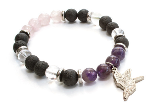 Stretch bracelet of amethyst, clear quartz, rose quartz and lava beads with a hummingbird charm