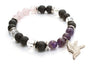 Stretch bracelet of amethyst, clear quartz, rose quartz and lava beads with a hummingbird charm