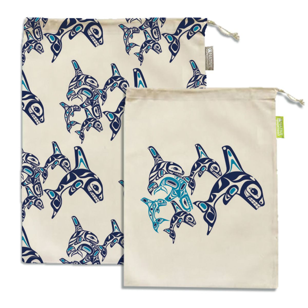 Set of two organic cotton mesh produce bags with an Orca Family design by Paul Windsor