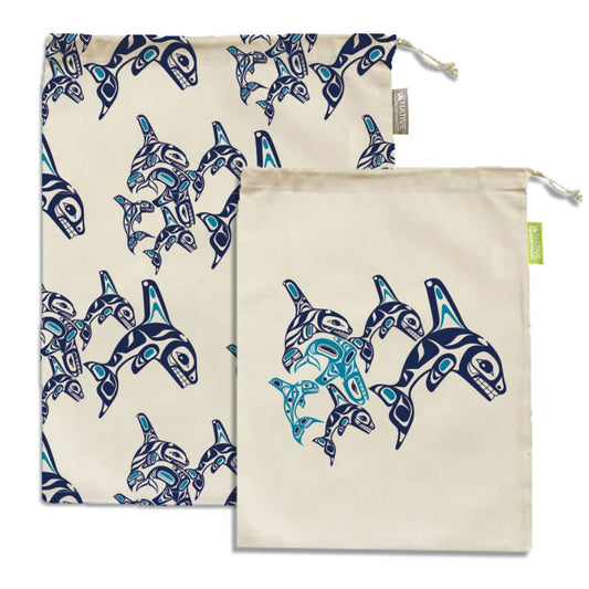 Set of two organic cotton mesh produce bags with an Orca Family design by Paul Windsor