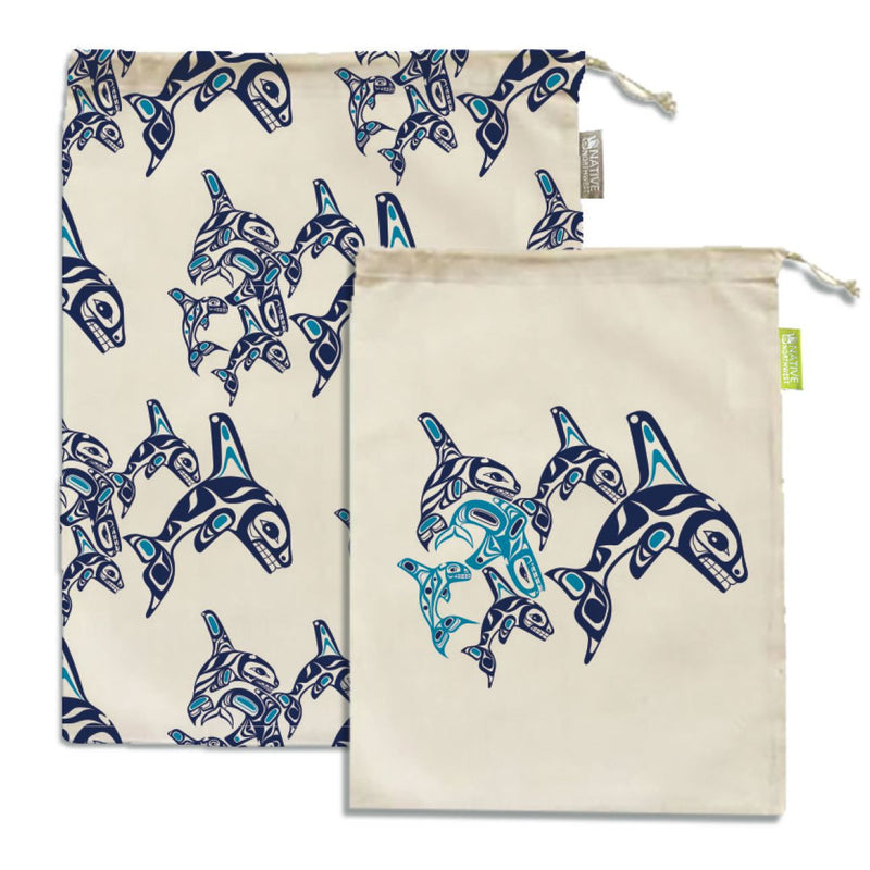 Set of two organic cotton mesh produce bags with an Orca Family design by Paul Windsor