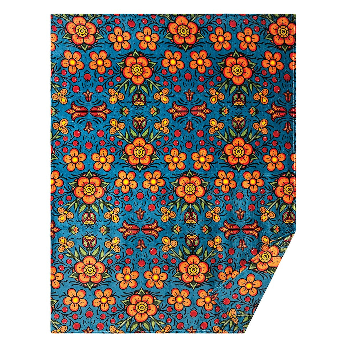 Prairie Beadwork fleece blanket by Justine Proulx, Métis artist, featuring a vibrant floral beadwork design