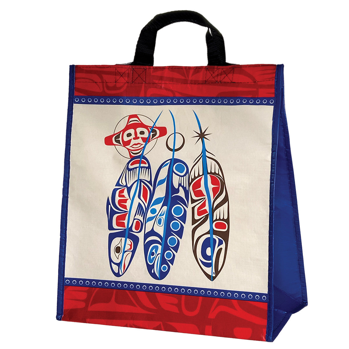 Large reusable shopping bag with Salmon Life Cycle Feathers design by Paul Windsor, front view