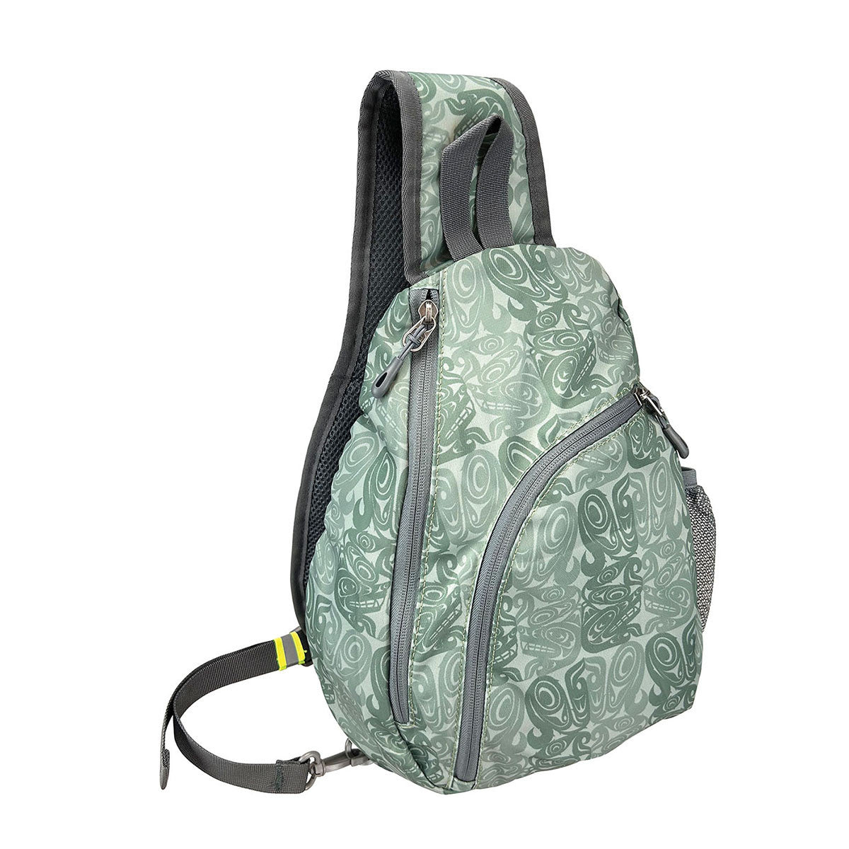 Sage green sling pack with Urban Wolf design by Maynard Johnny Jr., three-quarter front view