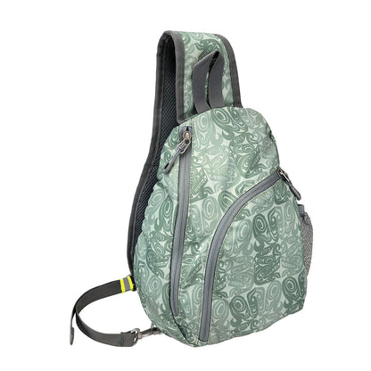 Sage green sling pack with Urban Wolf design by Maynard Johnny Jr., three-quarter front view