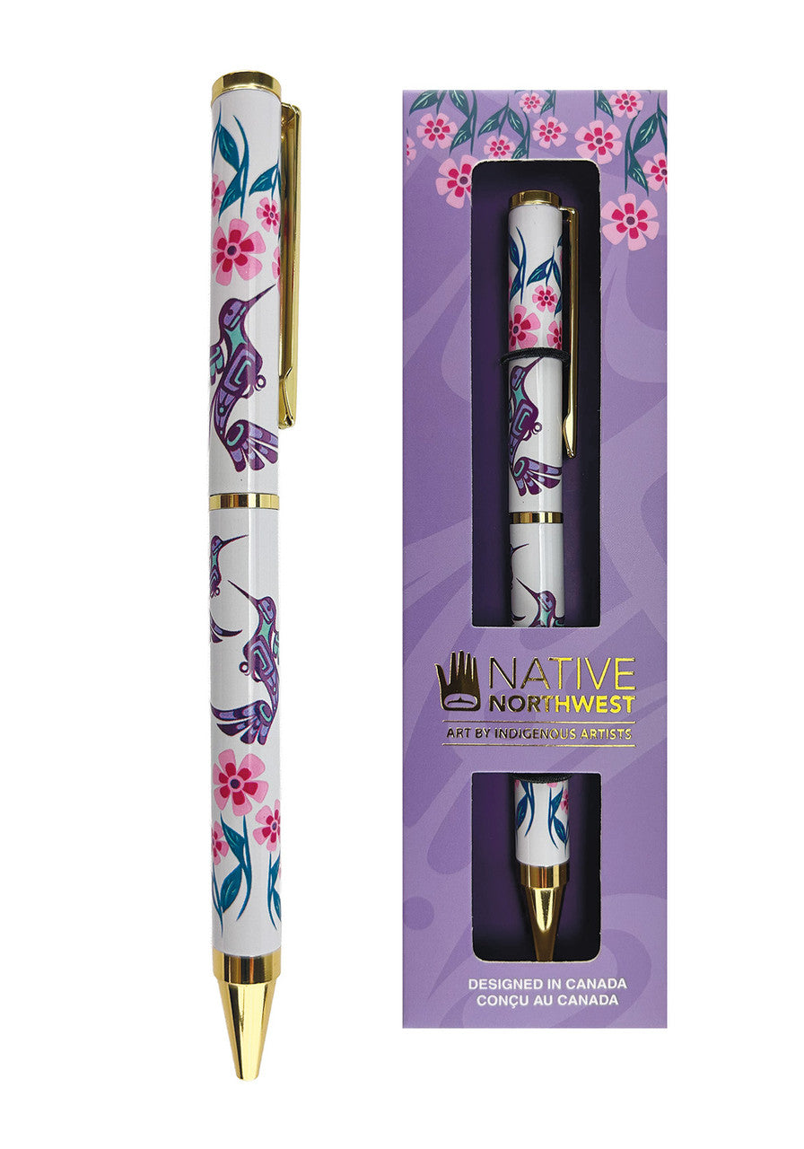 Twist-action ballpoint pen with Hummingbird design by Francis Dick, shown with its gift box