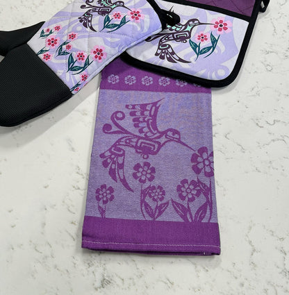 Hummingbird jacquard tea towel shown folded, alternate view