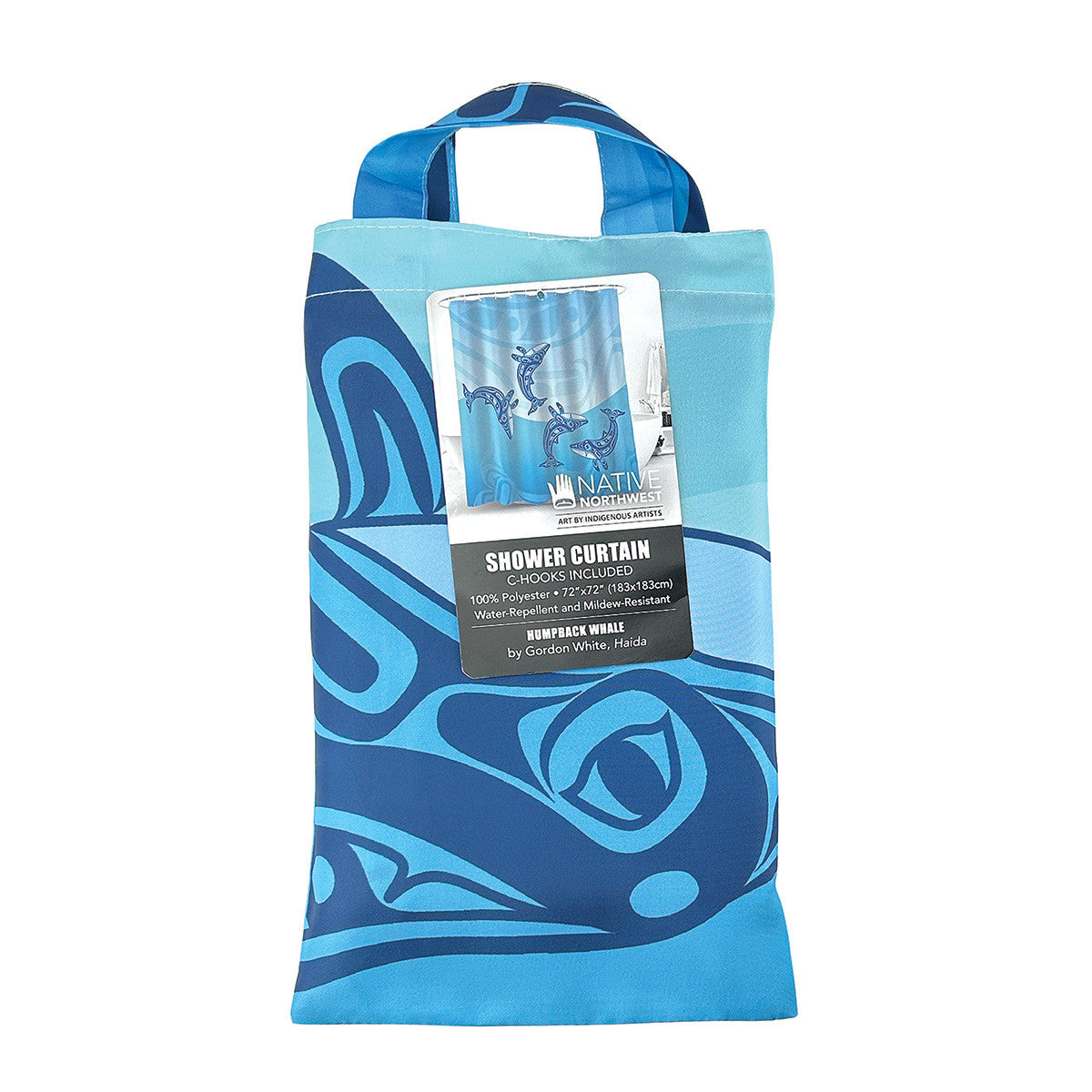 Humpback Whale shower curtain by Gordon White, shown hung in a bathroom