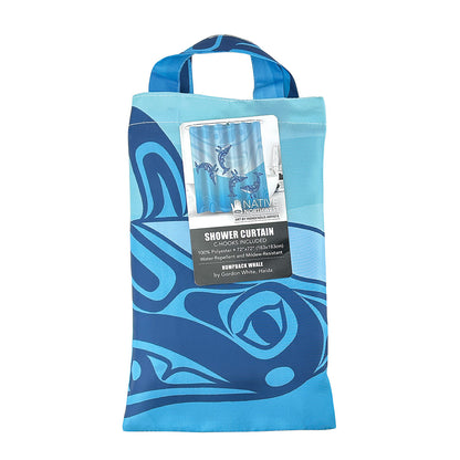 Humpback Whale shower curtain by Gordon White, shown hung in a bathroom