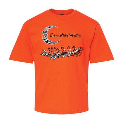 Orange youth Every Child Matters t-shirt with The Children Are Coming Home design by Deanna Samuel, a crescent moon above a row of figures in a canoe