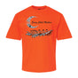 Orange youth Every Child Matters t-shirt with The Children Are Coming Home design by Deanna Samuel, a crescent moon above a row of figures in a canoe
