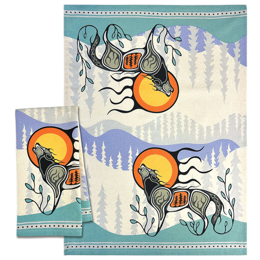 Unbleached cotton printed tea towel with Wolf Ma'iingan design by Storm Angeconeb