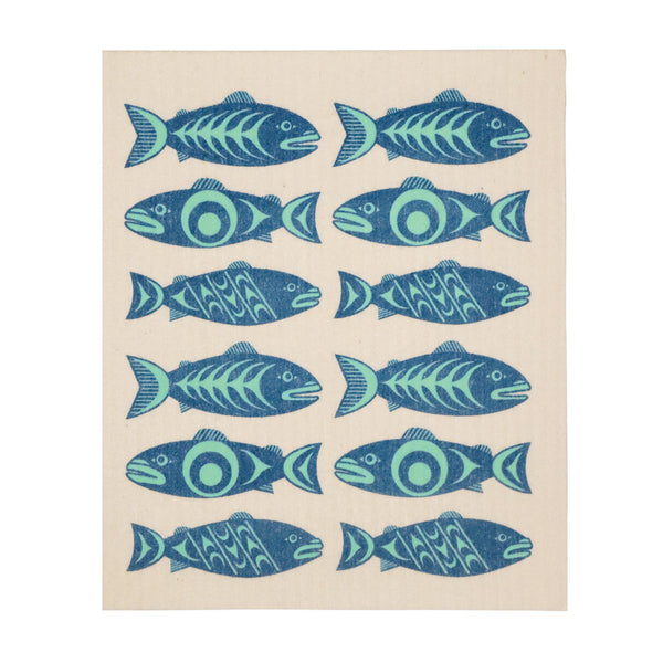 Compostable kitchen eco cloth with Salmon in the Wild design by Simone Diamond