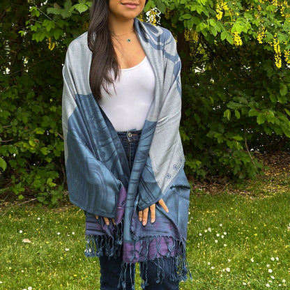 Raven Moon shawl draped over shoulders