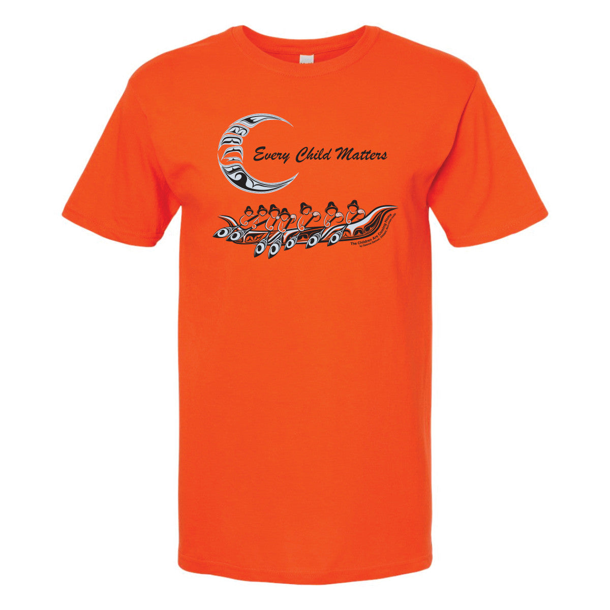 Orange Every Child Matters t-shirt with The Children Are Coming Home design by Deanna Samuel, a crescent moon above a row of figures in a canoe