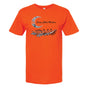 Orange Every Child Matters t-shirt with The Children Are Coming Home design by Deanna Samuel, a crescent moon above a row of figures in a canoe