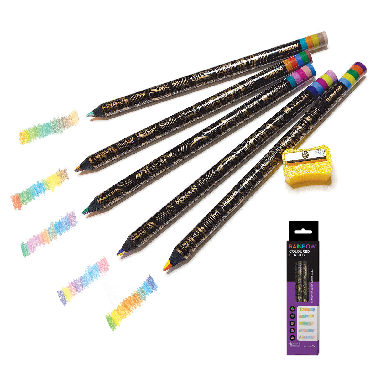 Set of 5 jumbo rainbow coloured pencils with design by Corey Bulpitt in a printed box