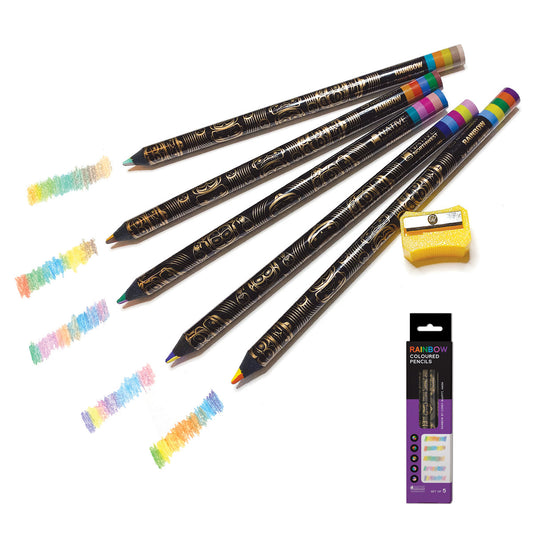 Set of 5 jumbo rainbow coloured pencils with design by Corey Bulpitt in a printed box