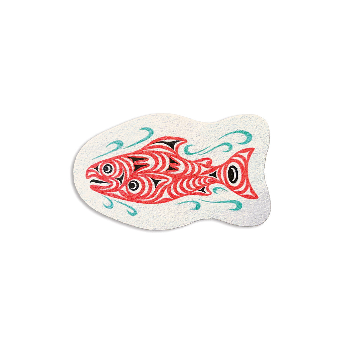 Salmon-shaped eco sponge with a red Coho salmon and teal water design by Joe Wilson-Sxwaset on a natural sponge