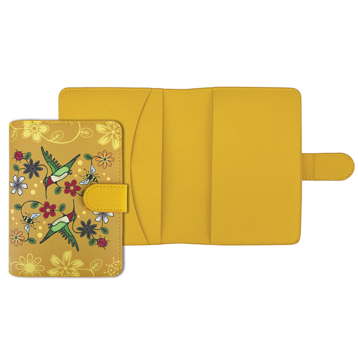 Hummingbird (Nenookaasi) passport holder in golden yellow vegan leather, designed by Storm Angeconeb, with two green hummingbirds, red and white flowers, bees and ladybugs
