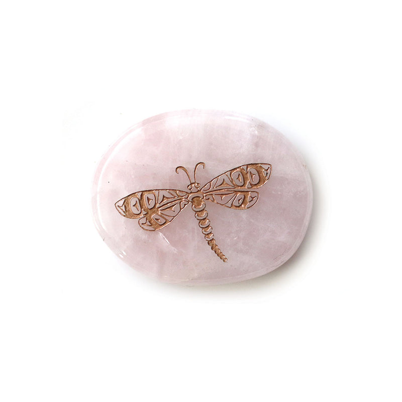 Polished pale-pink rose quartz spirit stone with a copper engraved dragonfly, designed by Simone Diamond