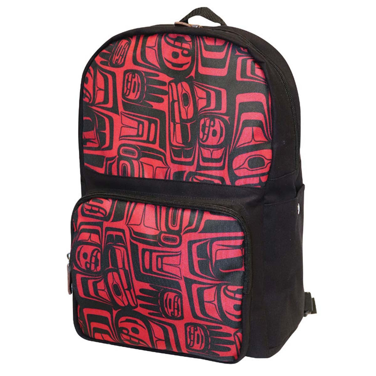 Red and black formline woven backpack with Eagle Crest design by Ben Houstie, three-quarter front view