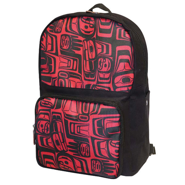 Red and black formline woven backpack with Eagle Crest design by Ben Houstie, three-quarter front view