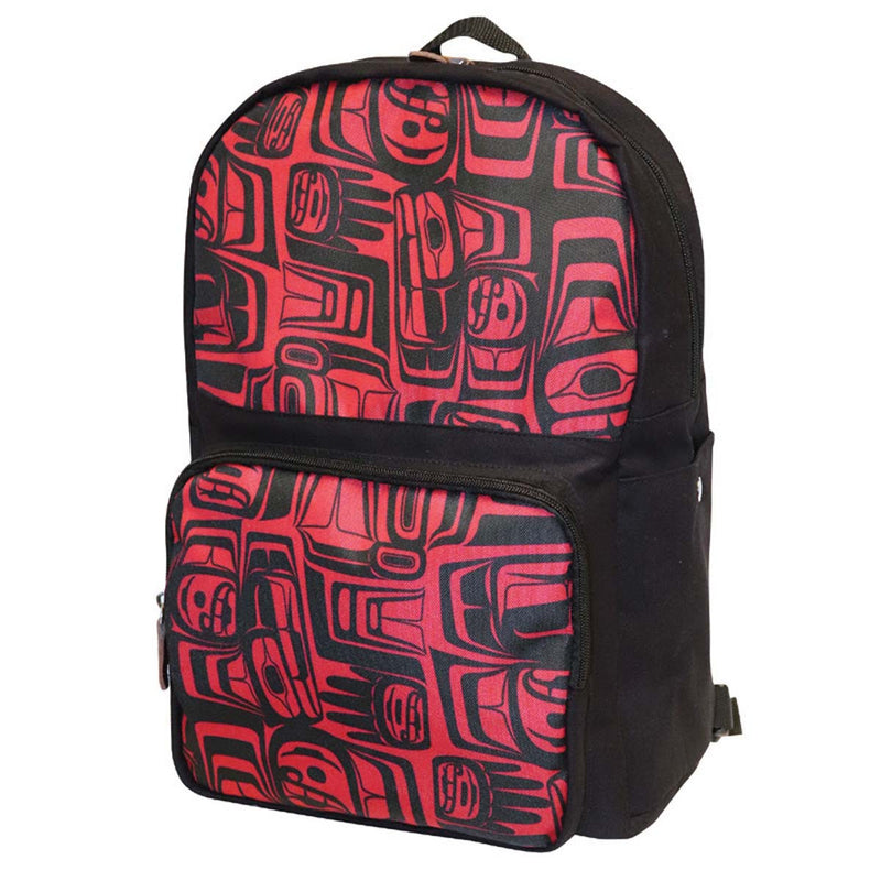 Red and black formline woven backpack with Eagle Crest design by Ben Houstie, three-quarter front view